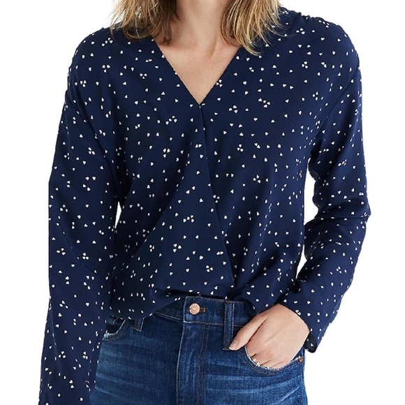 MADEWELL Navy Heart Faux Wrap Silk Top - Picture 1 of 9